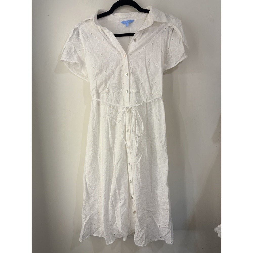 Draper James RSVP White Eyelet Midi Dress Cotton Button Front Tie Waist S